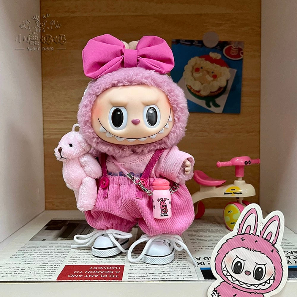 Labubu Clothing – Pink Bow Hood & Corduroy Overalls Set